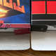 An authentic Nintendo game box (left) and a box for a homebrew game. Note that the authentic box is printed on grey cardboard with a fibrous texture to it, while the aftermarket game (like most fakes) is printed on bright white card stock. (Note that some official Game Boy Advance games did come in white boxes like this.)